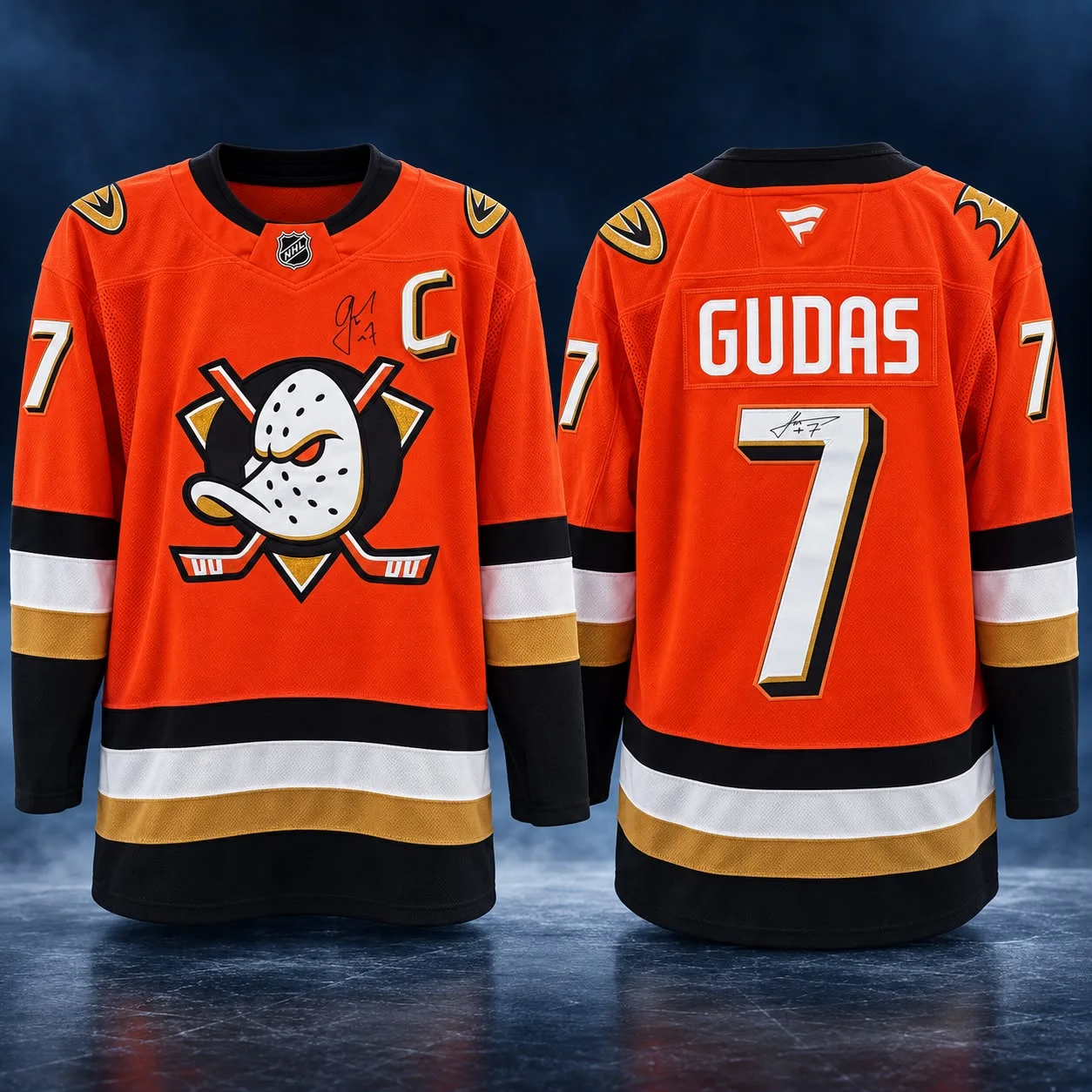 Podepsaný dres Radka Gudase číslo 7 z Anaheim Ducks, pohled zepředu a zezadu