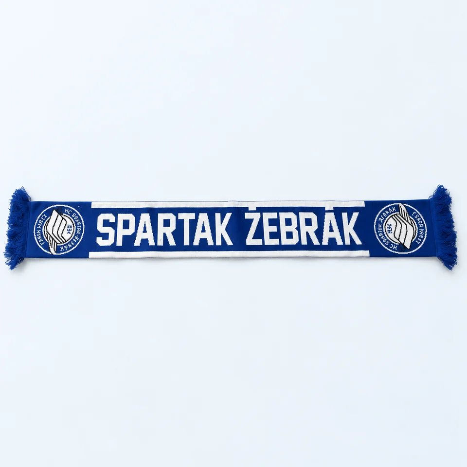 Modrá klubová šála s nápisem SPARTAK ŽEBRÁK, klubovými znaky a třásněmi